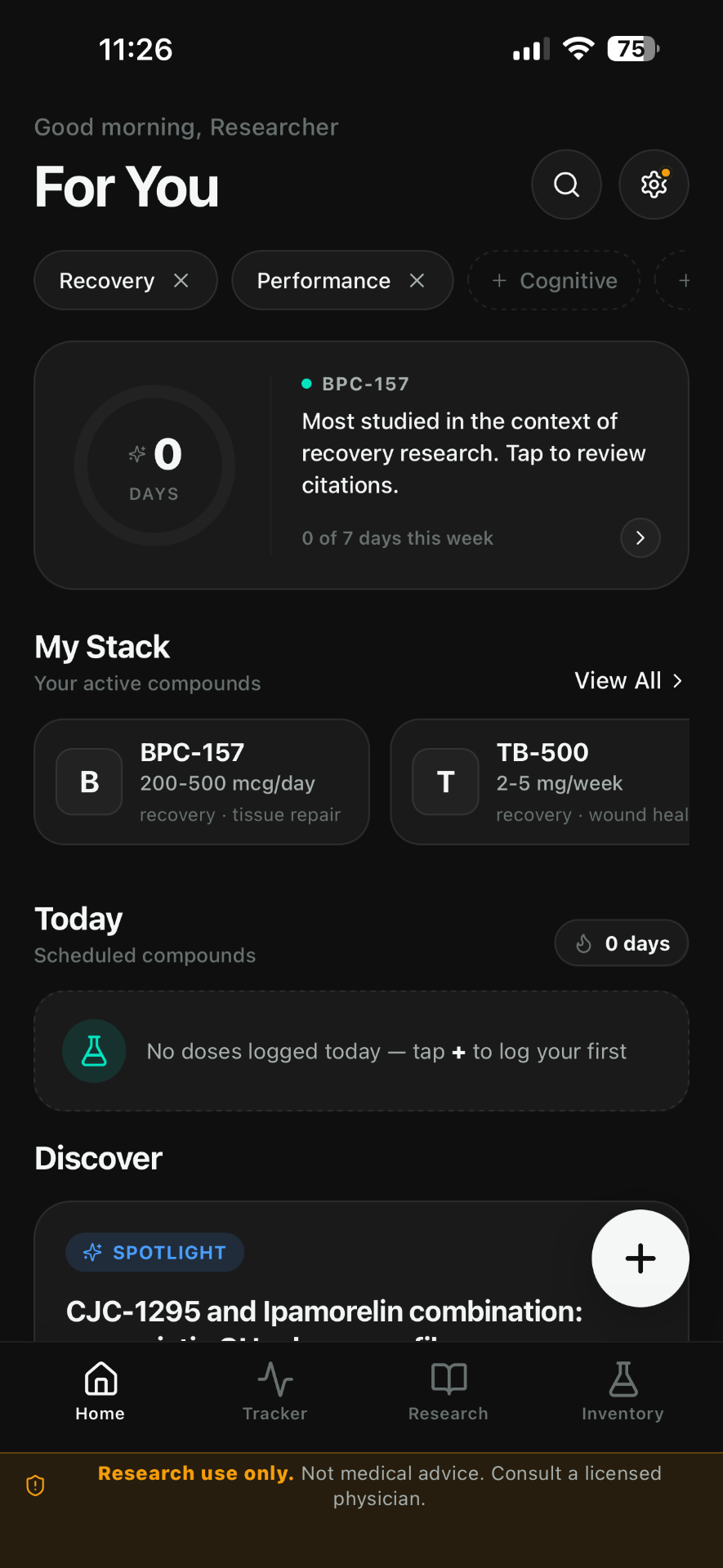 COMPOUNDR home screen showing For You feed, active stack, and today's compounds